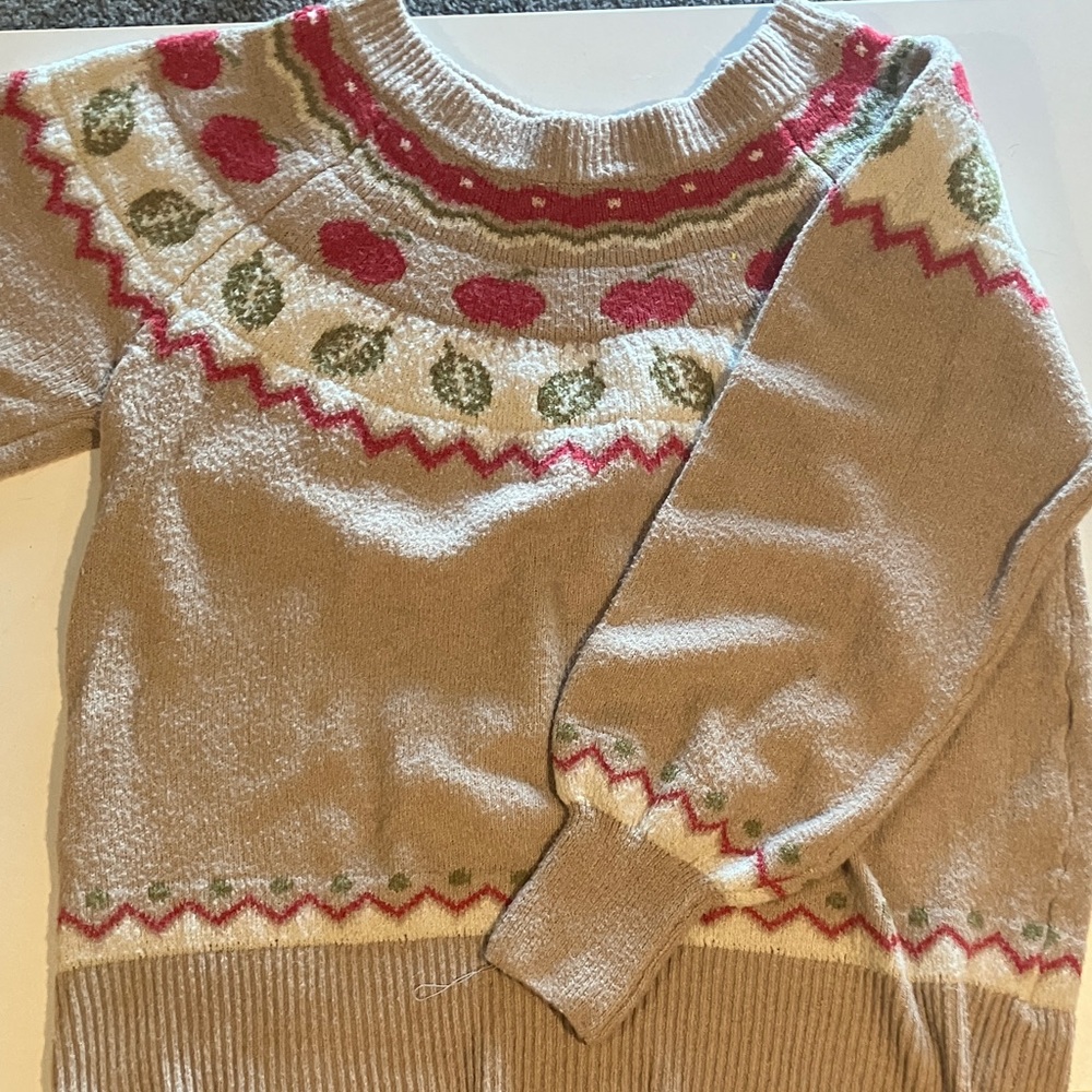 Beige Apple Crewneck Sweater with Red & Green Accents
